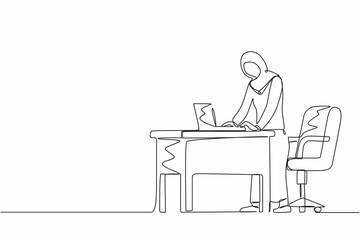 Single one line drawing woman employee working at ergonomic workstation. Office furniture with computer and laptop. Arab female standing on foot rest behind desk. Continuous line design graphic vector