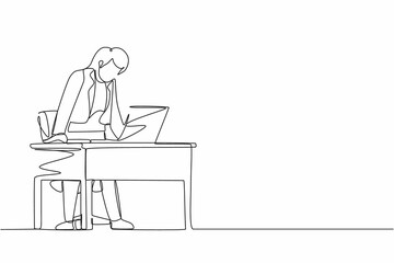 Single one line drawing frustrated and furious businesswoman shouting and screaming screen laptop on her working desk. Bad workspace emotions. Continuous line draw design graphic vector illustration