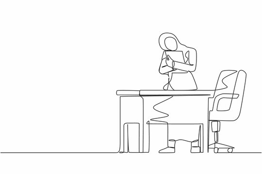 Continuous one line drawing Arabic businesswoman hugging laptop at office. Love to computer concept. Emotional female. Human emotions, facial expression concept. Single line draw design vector graphic