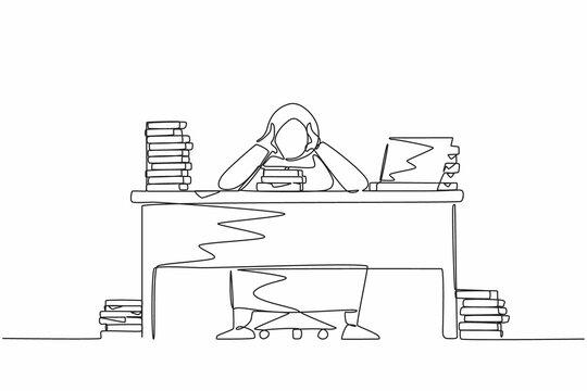 recommend clip art: Single continuous line drawing stressed Arabian businesswoman throwing tantrum in office holding her hands to her head shouting while seated at desk surrounded by files. One line graphic design vector