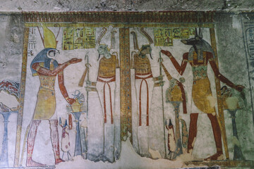 Ancient Egyptian Drawings inside the Pharaoh Tombs in the Valley of the Kings in Luxor, Egypt