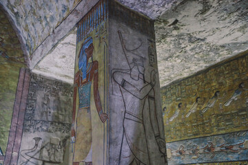 Ancient Egyptian Drawings inside the Pharaoh Tombs in the Valley of the Kings in Luxor, Egypt