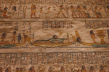 Ancient Egyptian Drawings inside the Pharaoh Tombs in the Valley of the Kings in Luxor, Egypt