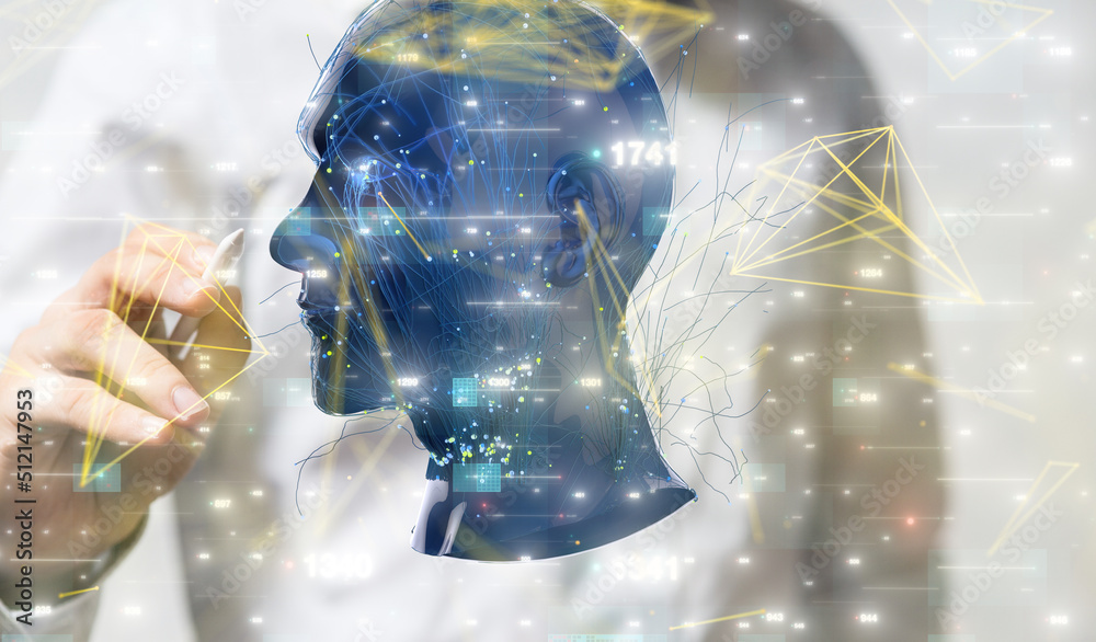 Poster Global network. Blockchain. 3D illustration. Neural networks and artificial intelligence. Abstract