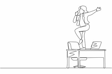Single one line drawing happy office worker dancing on desk. Young businesswoman dancing while sitting at desk. Having fun at work. Work from home concept. Continuous line draw design graphic vector