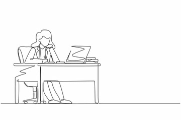 Single continuous line drawing businesswoman writing sitting in front of laptop at table. Female studying and writing in notebook, at desk in front of computer. One line draw graphic design vector