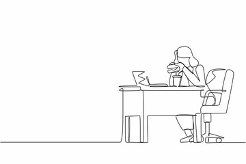 Continuous one line drawing fat obese woman using laptop eating burger fast food unhealthy lifestyle concept overweight girl freelancer sitting at workplace full length. Single line draw design vector