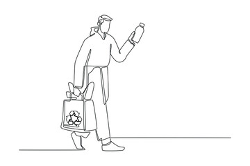 Continuous one line drawing youths use eco friendly packaging bags to shop for goods. Eco packaging concept. Single line draw design vector graphic illustration.