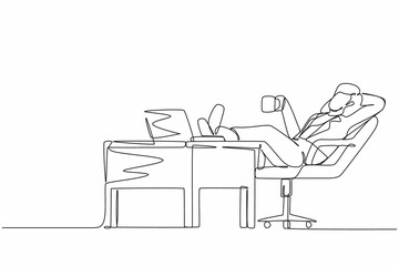 Single continuous line drawing businesswoman work relaxed at desk and drink cup of coffee. Flat design of employee character working with laptop computer. One line draw graphic vector illustration