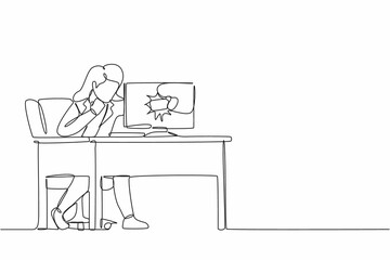 Single continuous line drawing angry businesswoman breaks her laptop computer hitting it with clenched fist sitting at desk. Frustrated woman punching hole in pc screen. One line graphic design vector