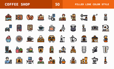 Coffee Shop icons set line color of vector icons. Can used for digital product, presentation, UI and many more.