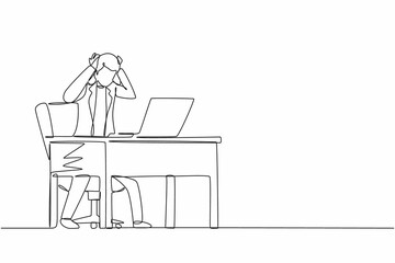 Single one line drawing scary frustrated frightened businesswoman clerk manager stands at laptop, holding head. Office overload, mental stress. Continuous line draw design graphic vector illustration