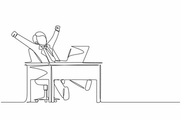 Continuous one line drawing happy businessman sitting in chair at desk using laptop celebrating win with hands raised. Celebrating win, positive emotion concept. Single line draw design vector graphic