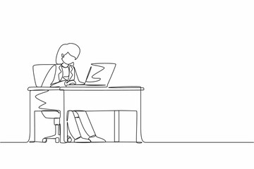 Continuous one line drawing female works in office. Woman working, typing and sending messages. Work, table, computer flat vector. Workplace and communication concept. Single line draw design graphic