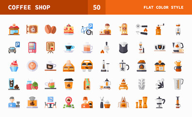 Coffee Shop icons set flat color of vector icons. Can used for digital product, presentation, UI and many more.