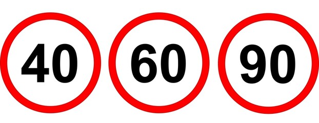 Speed ​​limit sign, 40,60, 90 km. Red, round signal on the road. Vector image.
