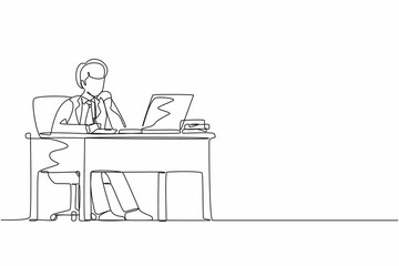 Single continuous line drawing businessman writing sitting in front of laptop at table. Young male studying and writing in notebook, at desk in front of computer. One line draw graphic design vector