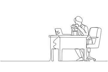 Single continuous line drawing fat obese man using laptop eating burger fast food unhealthy lifestyle concept overweight male freelancer sitting at workplace full length. One line draw design vector