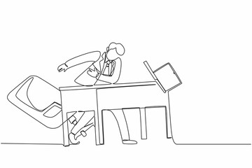 Single one line drawing frustrated and furious young businessman is angry and throwing laptop. Bad workplace emotions. Man manager stress at work. Continuous line design graphic vector illustration