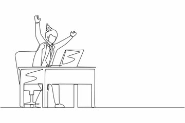 Fototapeta na wymiar Single one line drawing success in work, winning online, technology concept. Businessman stands in office with hand raised opposite computer screen celebrating success. Continuous line design vector