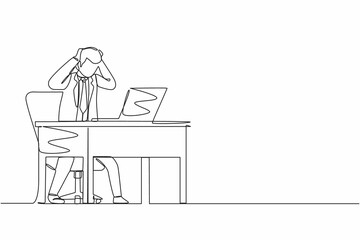 Single continuous line drawing scary frustrated frightened businessman clerk manager stands at laptop, holding head. Office overload, mental stress. One line draw graphic design vector illustration