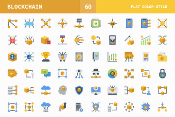 Blockchain icons set flat color of vector icons. Can used for digital product, presentation, UI and many more.