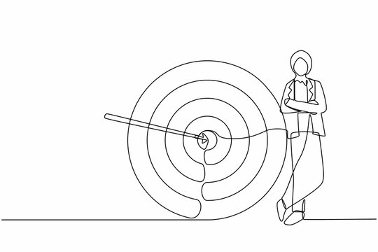 recommend clip art: Continuous one line drawing Arabian businesswoman or manager standing next to target. Arrow hit target exactly. Successful business strategy, marketing concept. Single line design vector illustration