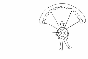 Single one line drawing businessman holding target with arrow in bullseye and jumping with parachute. Achievement and success. Business target concept. Continuous line draw design vector illustration