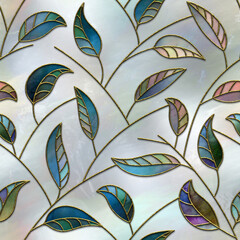 Fototapety  Leaves pattern on a stylized mother-of-pearl background, seamless texture, 3d illustration