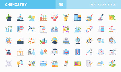 Chemistry icons set flat color of vector icons. Can used for digital product, presentation, UI and many more.