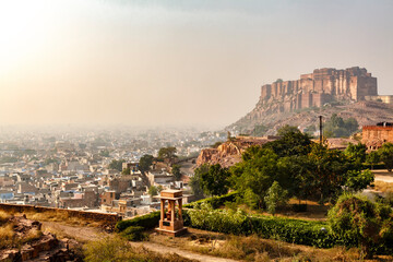 View at Mehrangarh fortress and the blue city Jodhpur, Rajasthan, India, Asia