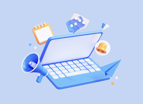 3D Laptop with business management app. Online news and work. Business marketing concept. Computer with megaphone, bell and message. Cartoon creative icon isolated on blue background. 3D Rendering