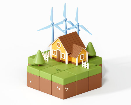 3D House with Wind turbine energy. Low Poly World for Game casual design. Floating isometric block island with eco-friendly energy concept. Cartoon creative landscape design illustration. 3D Rendering