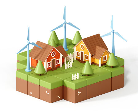 3D Farm with houses and green energy windmills. Low Poly world for casual game design. Floating isometric nature land. Eco-friendly island concept. Cartoon creative landscape design. 3D Rendering