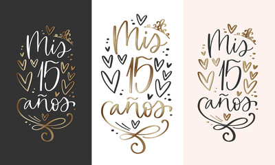 Mis 15 años, Quinceañera card vector black, white, pink and gold design in Spanish language. Latin countries teenage girl fifteenth Birthday party decoration.