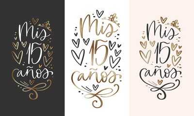 Mis 15 a&ntilde;os, Quincea&ntilde;era card vector black, white, pink and gold design in Spanish language. Latin countries teenage girl fifteenth Birthday party decoration.