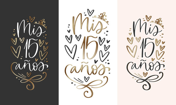 Mis 15 años, Quinceañera card vector black, white, pink and gold design in Spanish language. Latin countries teenage girl fifteenth Birthday party decoration.