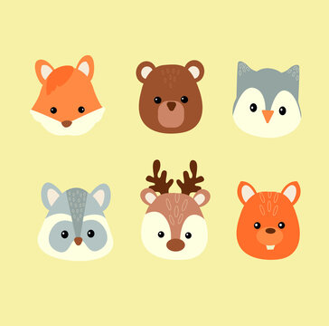 Set of cute wild animals including bear deer fox owl raccoon squirrel. Animal vector. Forest animals illustration.
