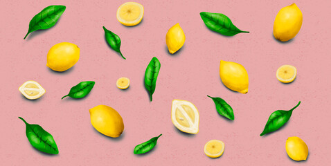 Summer image, yellow leaves and lemons, pink background