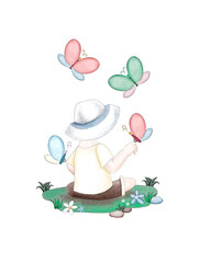 A cute little cartoon boy in a light summer suit sits on the grass with his back turned. There are large beautiful butterflies around him. Digital illustration in watercolor style