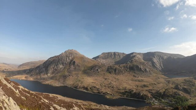Snowdonia mountain timelapse view of Tryfan and the Ogwen Valley, day to night and back to day