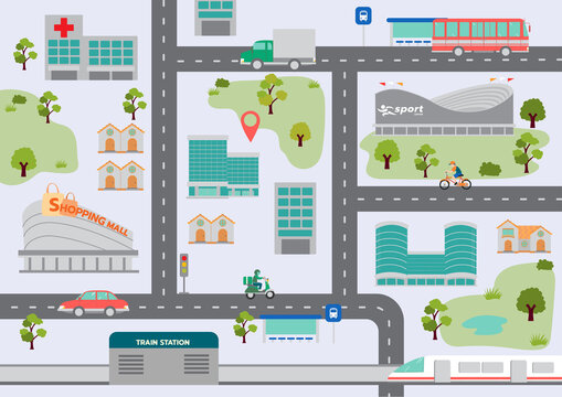 City map with infrastructure, buildings and houses along the road, vector illustration