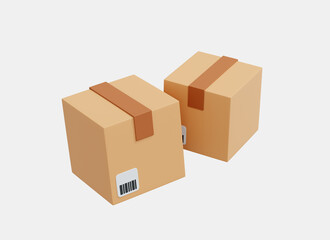 3D Cardboard box or delivery package. Shipping logistic and delivery concept. Cargo box with barcode. International postal parcels. Cartoon creative design isolated on white background. 3D Rendering