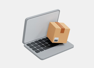 3D Laptop with cardboard box. Shipping logistic and delivery concept. Online order delivery package via computer. Realistic elements. Cartoon creative design isolated on white background. 3D Rendering
