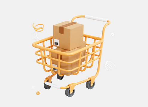 3D Shopping Cart And Cardboard Box. Fast Delivery Concept From Online Store. Shipping Logistics Package Delivery. Cargo Box. Cartoon Creative Design Icon Isolated On White Background. 3D Rendering