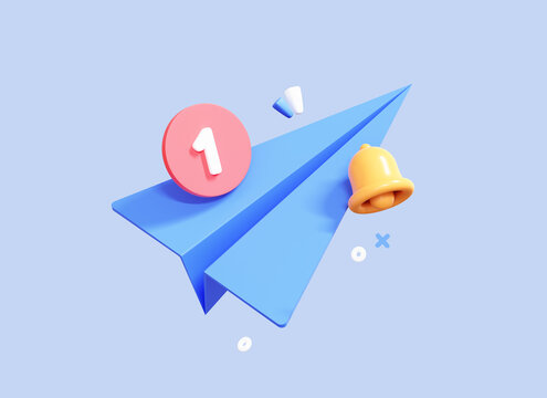 3D Paper Airplane with new message concept. Origami plane with bell and one notification. Banner template for social media promotion. Cartoon creative design isolated on blue background. 3D Rendering
