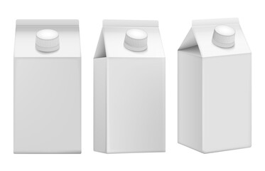 White carton pack template for beverage: juice, milk. Front and side view. Packaging collection. Vector illustration.