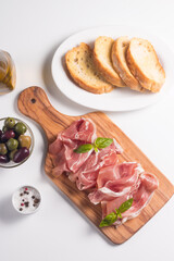 Closeup of thin slices of prosciutto. Italian food 