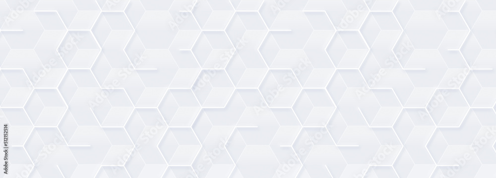 Wall mural abstract white geometric hexagon with white 3d grid. neumorphism elegant science background. random 