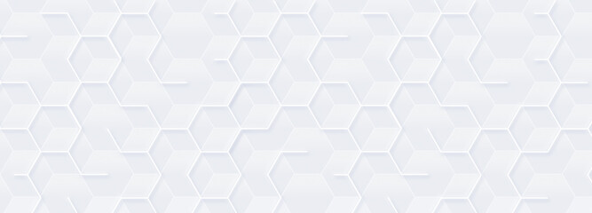Abstract white geometric hexagon with white 3d grid. Neumorphism elegant science background. Random grey honeycomb pattern. Smooth and subtle cover. Geometric striped texture. Digital luxury silver BG